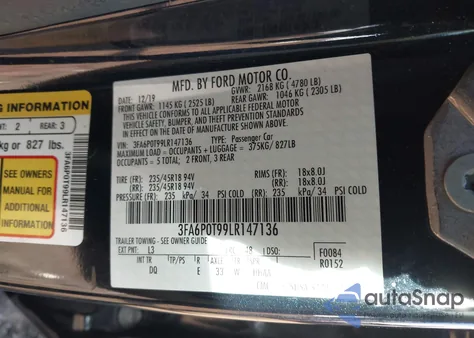 2020 Ford Fusion Se из США, поврежденный, VIN 3FA6P0T99LR147136